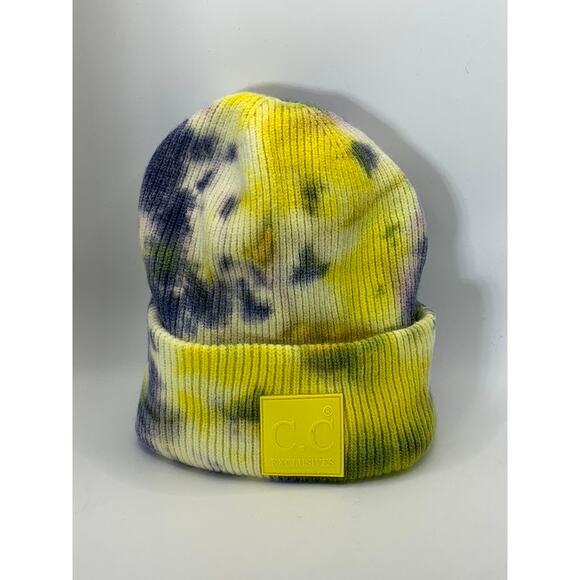 C.C Women's Yellow/Gray Tie-Dye Patch Logo Ribbed Beanie OS - Picture 1 of 8